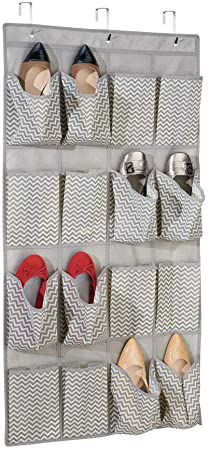 Mueble zapatero plegable con 16 compartimentos en 4 niveles Amplio organizador de zapatos de metal y tela gris y blanco mDesign Zapatero ancho para el pasillo o armario 